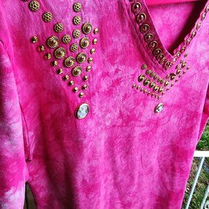 Pink Vintage Cotton Rhinestone Top With Gold Detail